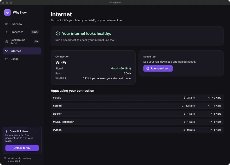 WhySlow internet view in the native Mac app