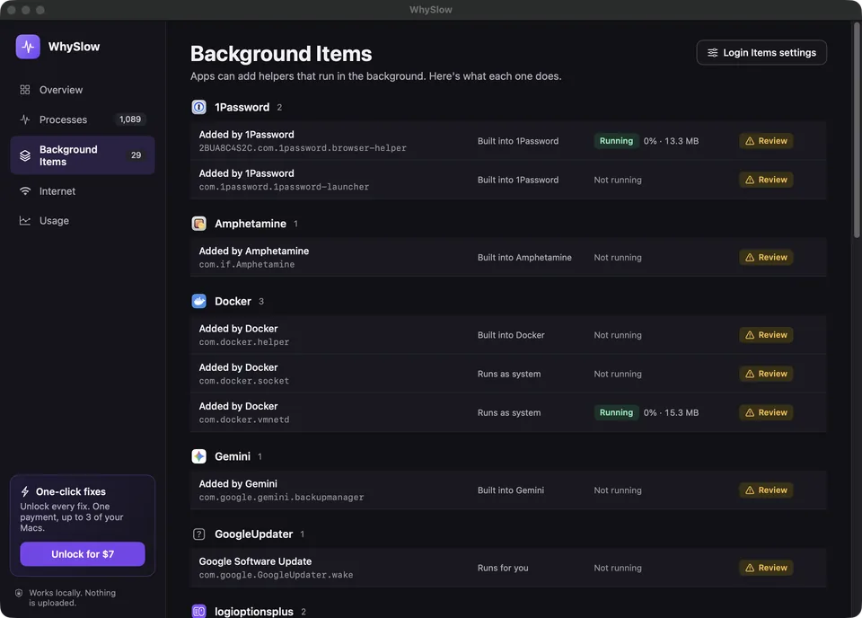 WhySlow items view in the native Mac app
